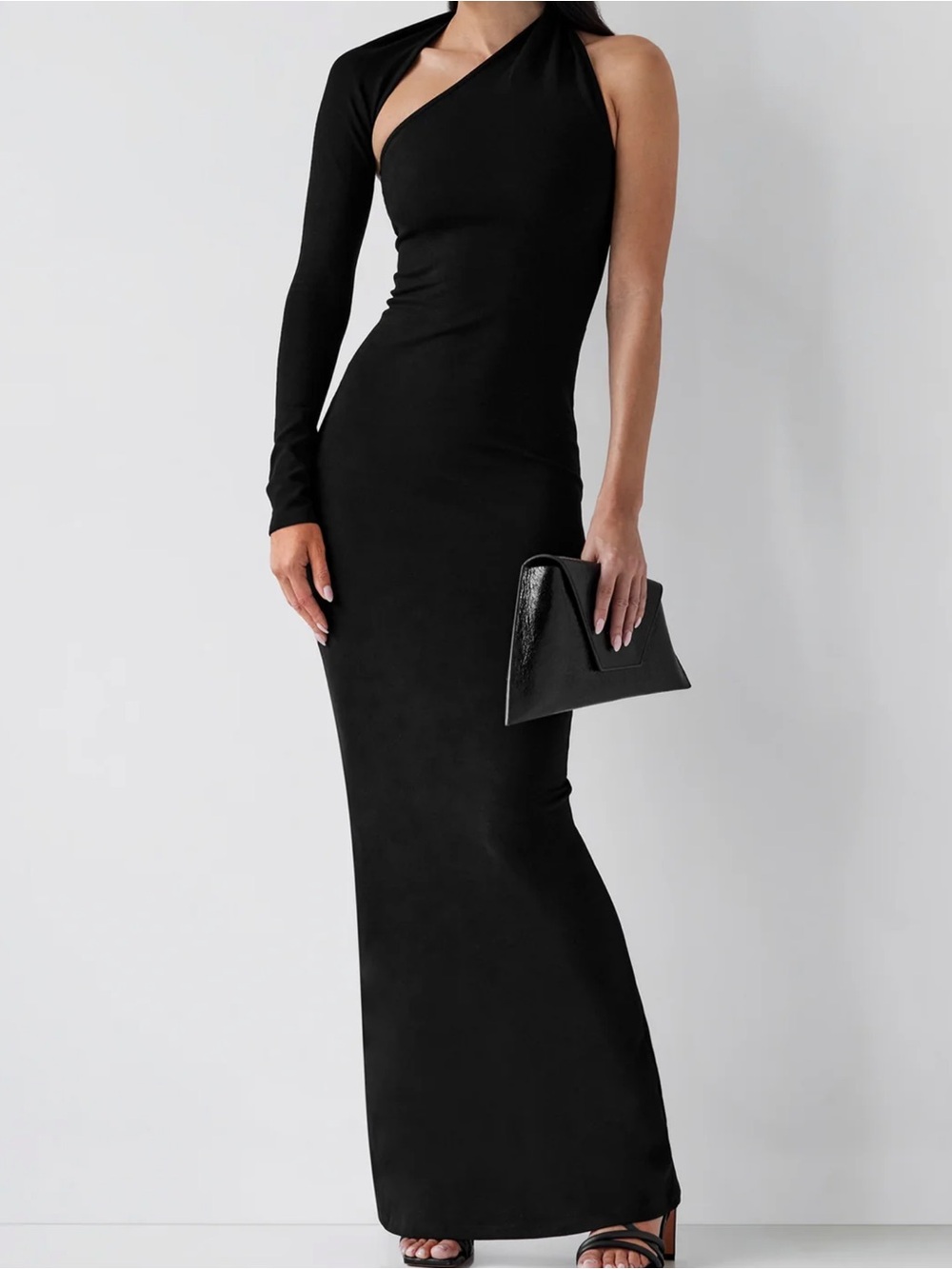 Marcella NYC Manhattan One Shoulder Maxi Gown Black Stretch Jersey NWT Medium